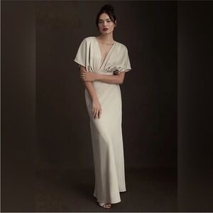 BHLDN Leila Deep-V Flutter-Sleeve Satin A-Line Gown